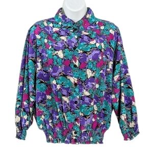 VINTAGE 90s floral blouse turquoise purple button up shirt Medium @L